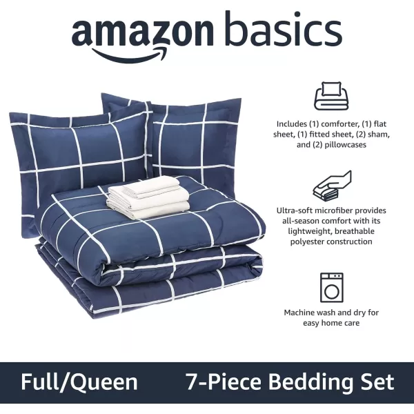 Amazon Basics Lightweight Microfiber BedinaBag Comforter 5Piece Bedding Set TwinTwin XL Navy with Simple PlaidNavy FullQueen