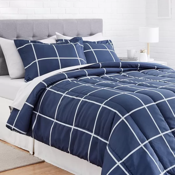 Amazon Basics Lightweight Microfiber BedinaBag Comforter 5Piece Bedding Set TwinTwin XL Navy with Simple PlaidNavy FullQueen