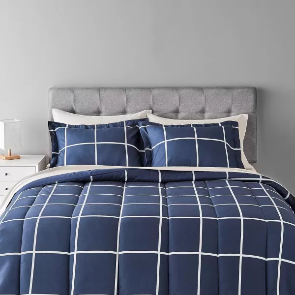 Amazon Basics Lightweight Microfiber BedinaBag Comforter 5Piece Bedding Set TwinTwin XL Navy with Simple PlaidNavy FullQueen