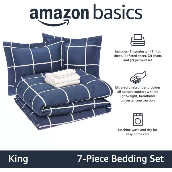 Amazon Basics Lightweight Microfiber BedinaBag Comforter 5Piece Bedding Set TwinTwin XL Navy with Simple PlaidNavy Simple Plaid King