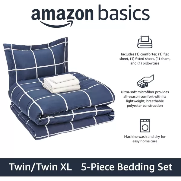 Amazon Basics Lightweight Microfiber BedinaBag Comforter 5Piece Bedding Set TwinTwin XL Navy with Simple PlaidNavy TwinTwin XL