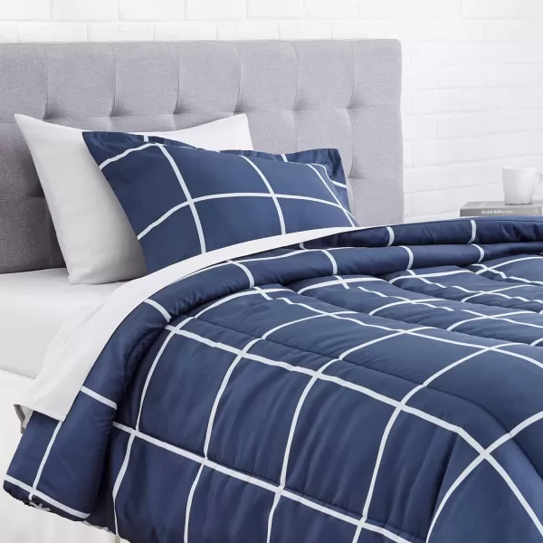 Amazon Basics Lightweight Microfiber BedinaBag Comforter 5Piece Bedding Set TwinTwin XL Navy with Simple PlaidNavy TwinTwin XL