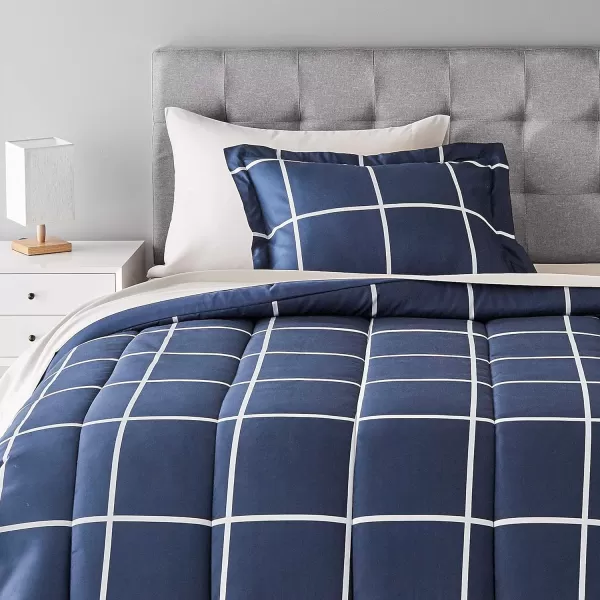 Amazon Basics Lightweight Microfiber BedinaBag Comforter 5Piece Bedding Set TwinTwin XL Navy with Simple PlaidNavy TwinTwin XL
