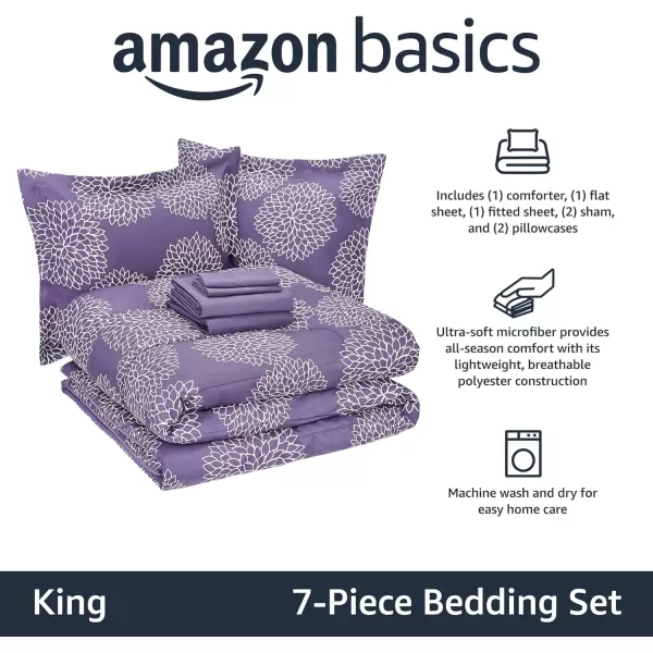 Amazon Basics Lightweight Microfiber BedinaBag Comforter 5Piece Bedding Set TwinTwin XL Navy with Simple PlaidPurple Floral King