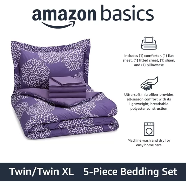 Amazon Basics Lightweight Microfiber BedinaBag Comforter 5Piece Bedding Set TwinTwin XL Navy with Simple PlaidPurple Floral TwinTwin XL