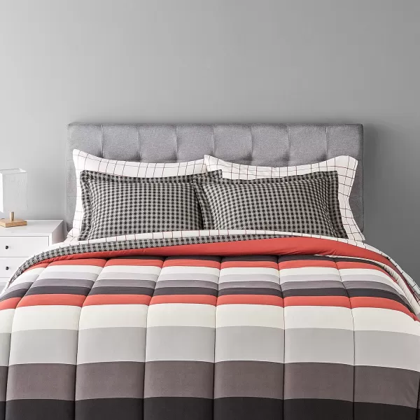 Amazon Basics Lightweight Microfiber BedinaBag Comforter 5Piece Bedding Set TwinTwin XL Navy with Simple PlaidRed Simple Stripe King