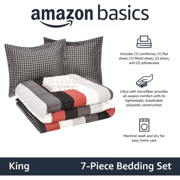 Amazon Basics Lightweight Microfiber BedinaBag Comforter 5Piece Bedding Set TwinTwin XL Navy with Simple PlaidRed Simple Stripe King
