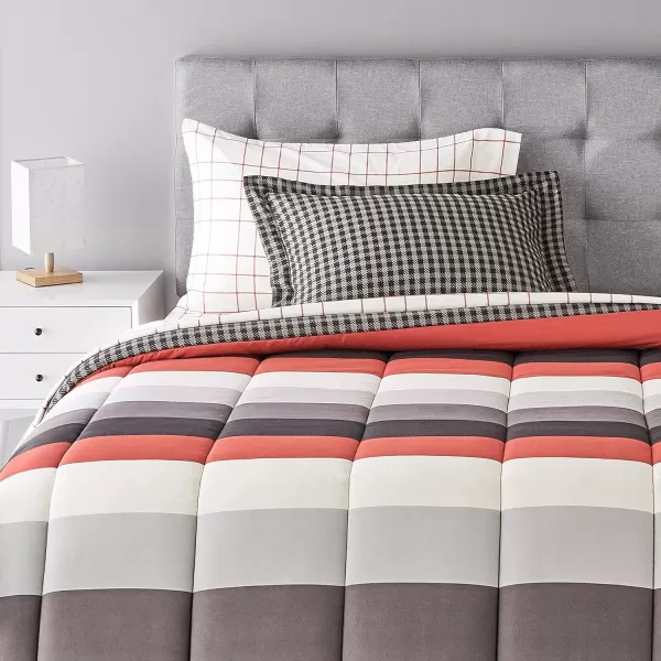 Amazon Basics Lightweight Microfiber BedinaBag Comforter 5Piece Bedding Set TwinTwin XL Navy with Simple PlaidRed Simple Stripe TwinTwin XL