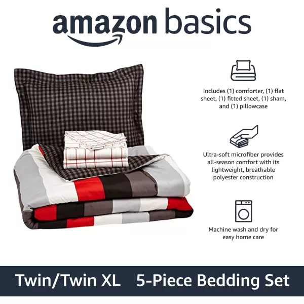 Amazon Basics Lightweight Microfiber BedinaBag Comforter 5Piece Bedding Set TwinTwin XL Navy with Simple PlaidRed Simple Stripe TwinTwin XL