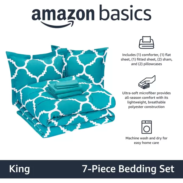 Amazon Basics Lightweight Microfiber BedinaBag Comforter 5Piece Bedding Set TwinTwin XL Navy with Simple PlaidTeal Trellis King