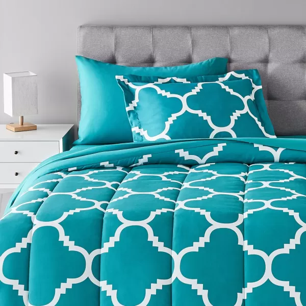 Amazon Basics Lightweight Microfiber BedinaBag Comforter 5Piece Bedding Set TwinTwin XL Navy with Simple PlaidTeal Trellis TwinTwin XL