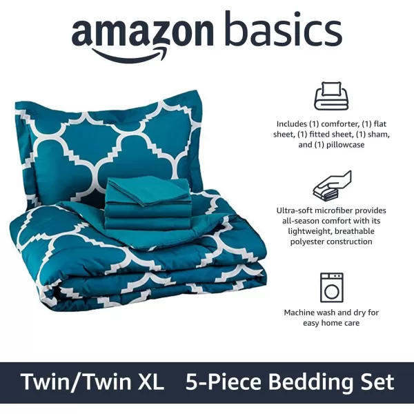 Amazon Basics Lightweight Microfiber BedinaBag Comforter 5Piece Bedding Set TwinTwin XL Navy with Simple PlaidTeal Trellis TwinTwin XL