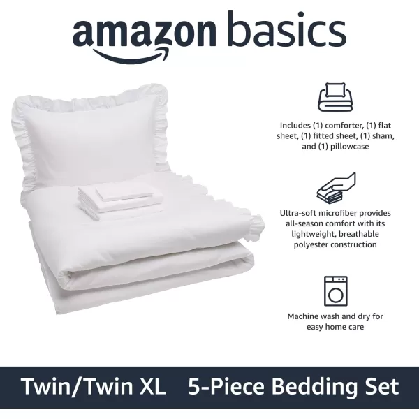 Amazon Basics Lightweight Microfiber BedinaBag Comforter 5Piece Bedding Set TwinTwin XL Navy with Simple PlaidWhite Ruffles TwinTwin XL