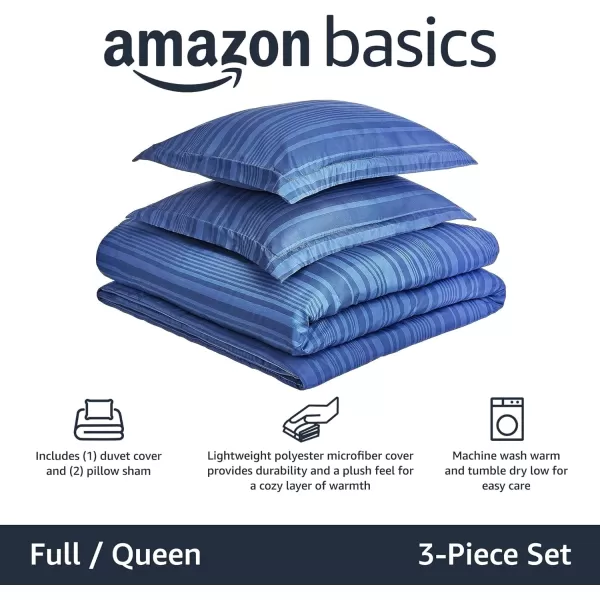 Amazon Basics Lightweight Microfiber Duvet Cover Set with Snap Buttons FullQueen Bright WhiteBlue Calvin Stripe FullQueen Zipper