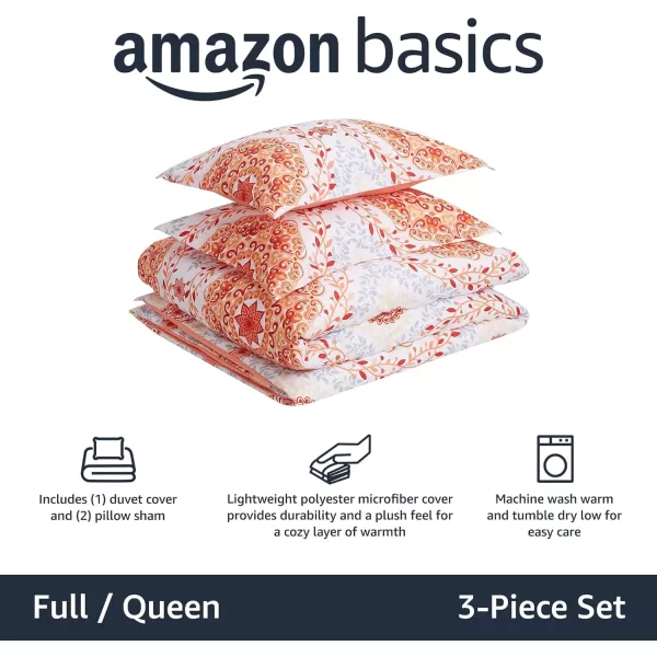 Amazon Basics Lightweight Microfiber Duvet Cover Set with Snap Buttons FullQueen Bright WhiteCoral Medallion FullQueen Zipper