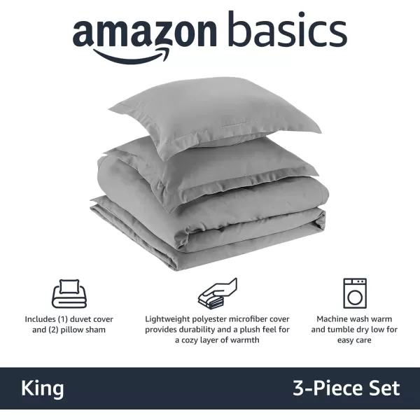 Amazon Basics Lightweight Microfiber Duvet Cover Set with Snap Buttons FullQueen Bright WhiteDark Grey King Snap Buttons