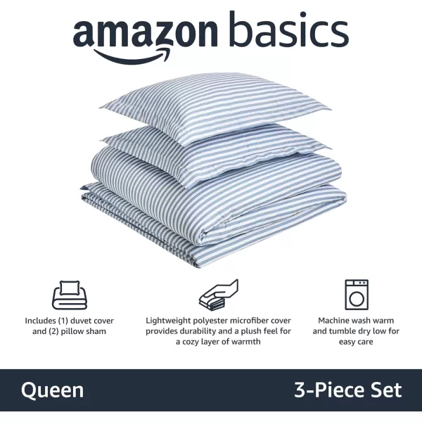 Amazon Basics Lightweight Microfiber Duvet Cover Set with Snap Buttons FullQueen Bright WhiteDusty Blue Pinstripe FullQueen Zipper