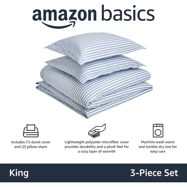 Amazon Basics Lightweight Microfiber Duvet Cover Set with Snap Buttons FullQueen Bright WhiteDusty Blue Pinstripe King Zipper