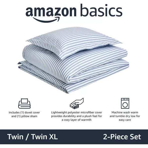 Amazon Basics Lightweight Microfiber Duvet Cover Set with Snap Buttons FullQueen Bright WhiteDusty Blue Pinstripe TwinTwin XL Zipper