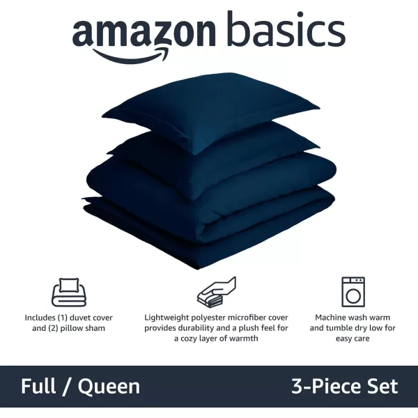 Amazon Basics Lightweight Microfiber Duvet Cover Set with Snap Buttons FullQueen Bright WhiteNavy Blue FullQueen Zipper