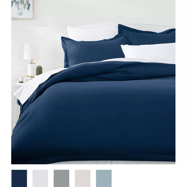 Amazon Basics Lightweight Microfiber Duvet Cover Set with Snap Buttons FullQueen Bright WhiteNavy Blue King Snap Buttons