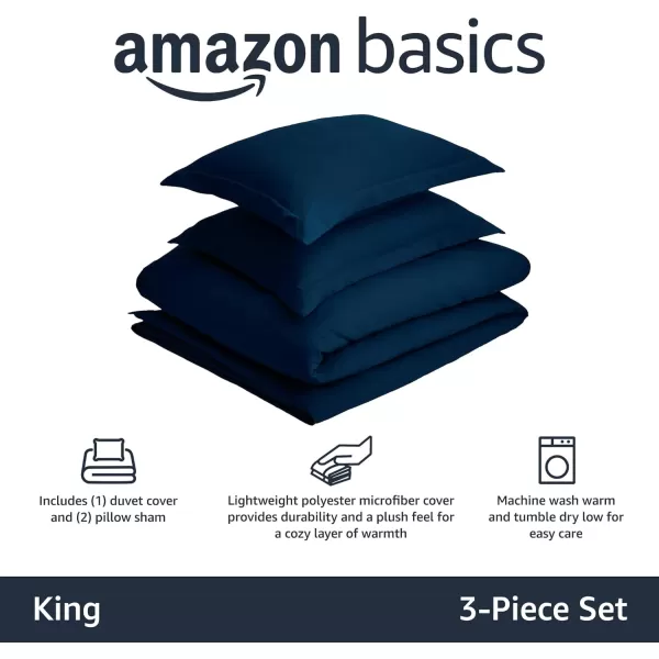 Amazon Basics Lightweight Microfiber Duvet Cover Set with Snap Buttons FullQueen Bright WhiteNavy Blue King Snap Buttons