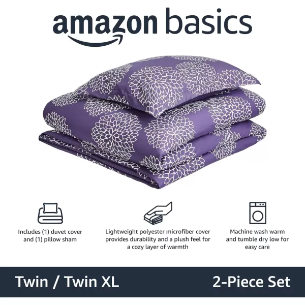 Amazon Basics Lightweight Microfiber Duvet Cover Set with Snap Buttons FullQueen Bright WhitePurple Floral TwinTwin XL Zipper