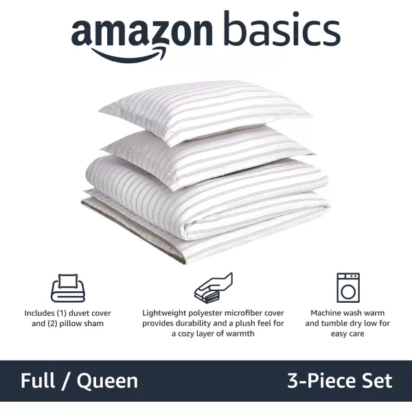 Amazon Basics Lightweight Microfiber Duvet Cover Set with Snap Buttons FullQueen Bright WhiteTaupe Stripe FullQueen Zipper