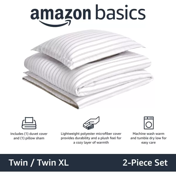 Amazon Basics Lightweight Microfiber Duvet Cover Set with Snap Buttons FullQueen Bright WhiteTaupe Stripe TwinTwin XL Zipper