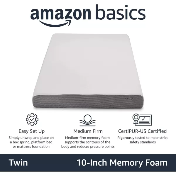 Amazon Basics Memory Foam Mattress Medium Firm Twin WhiteGrey 10 InchesTwin 10inch MediumFirm Feel