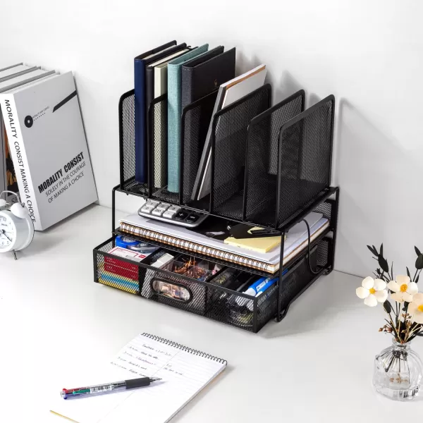 Amazon Basics Mesh Desk Organizer with Sliding Drawer Double Tray and 5 Upright Sections BlackAmazon Basics Mesh Desk Organizer with Sliding Drawer Double Tray and 5 Upright Sections Black