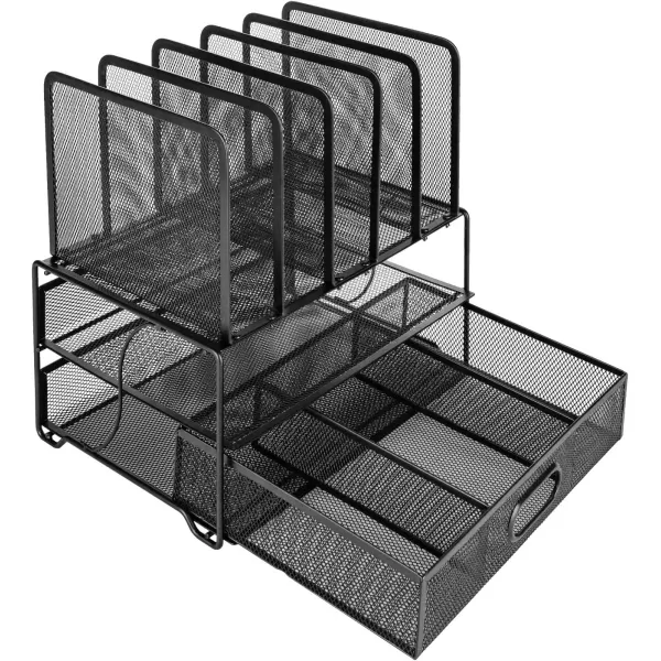 Amazon Basics Mesh Desk Organizer with Sliding Drawer Double Tray and 5 Upright Sections BlackAmazon Basics Mesh Desk Organizer with Sliding Drawer Double Tray and 5 Upright Sections Black