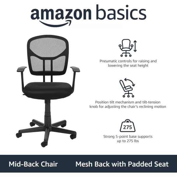 Amazon Basics Mesh MidBack AdjustableHeight 360Degree Swivel Office Desk Chair with Armrests BlackAmazon Basics Mesh MidBack AdjustableHeight 360Degree Swivel Office Desk Chair with Armrests Black