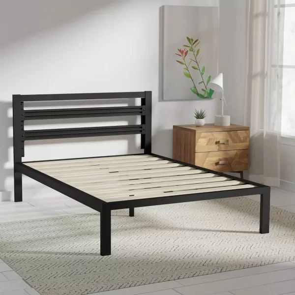 Amazon Basics Metal Bed with Modern Industrial Design Headboard  14 Inch Height for UnderBed Storage  Wood Slats  Easy Assemble Queen BlackFull