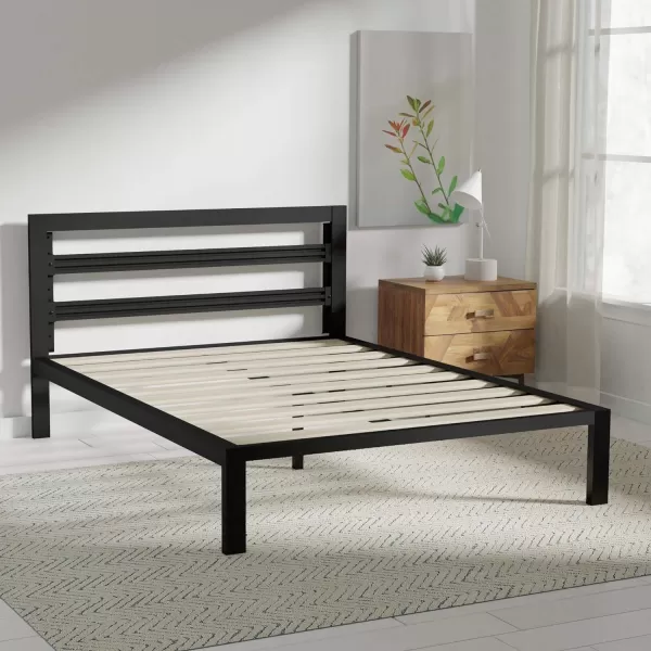 Amazon Basics Metal Bed with Modern Industrial Design Headboard  14 Inch Height for UnderBed Storage  Wood Slats  Easy Assemble Queen BlackQueen