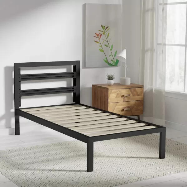 Amazon Basics Metal Bed with Modern Industrial Design Headboard  14 Inch Height for UnderBed Storage  Wood Slats  Easy Assemble Queen BlackTwin