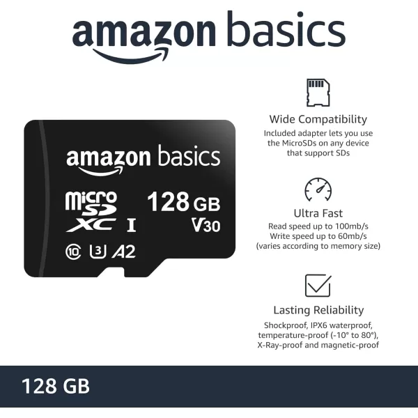 Amazon Basics Micro SDXC Memory Card with Full Size Adapter A2 U3 Read Speed up to 100 MBs 128 GB Black128GB
