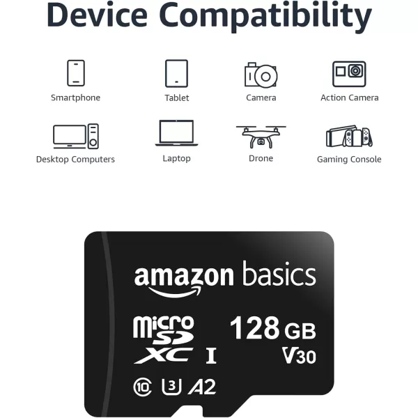 Amazon Basics Micro SDXC Memory Card with Full Size Adapter A2 U3 Read Speed up to 100 MBs 128 GB Black128GB