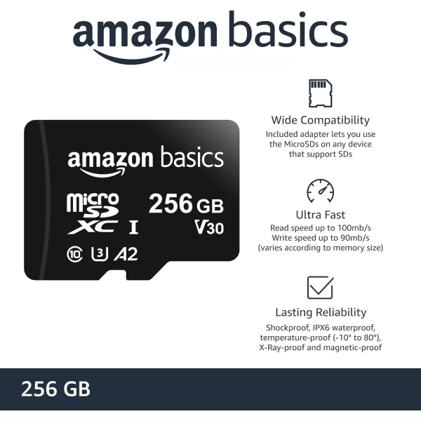 Amazon Basics Micro SDXC Memory Card with Full Size Adapter A2 U3 Read Speed up to 100 MBs 128 GB Black256GB