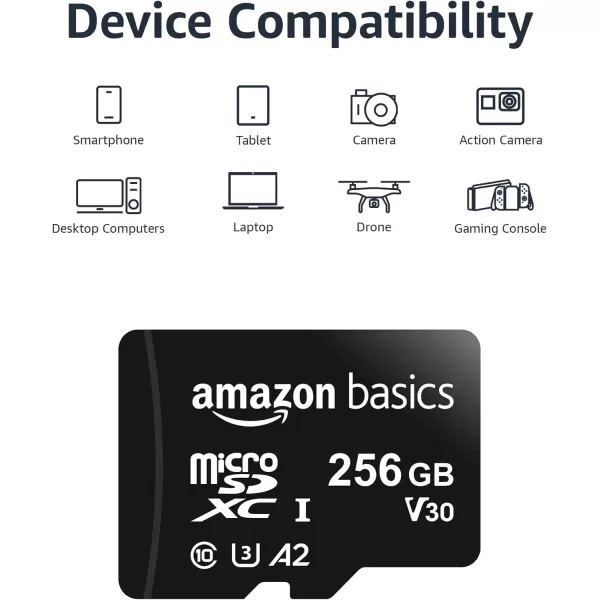 Amazon Basics Micro SDXC Memory Card with Full Size Adapter A2 U3 Read Speed up to 100 MBs 128 GB Black256GB