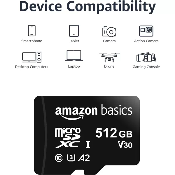 Amazon Basics Micro SDXC Memory Card with Full Size Adapter A2 U3 Read Speed up to 100 MBs 128 GB Black512GB