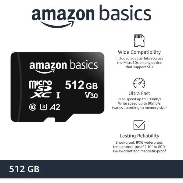 Amazon Basics Micro SDXC Memory Card with Full Size Adapter A2 U3 Read Speed up to 100 MBs 128 GB Black512GB