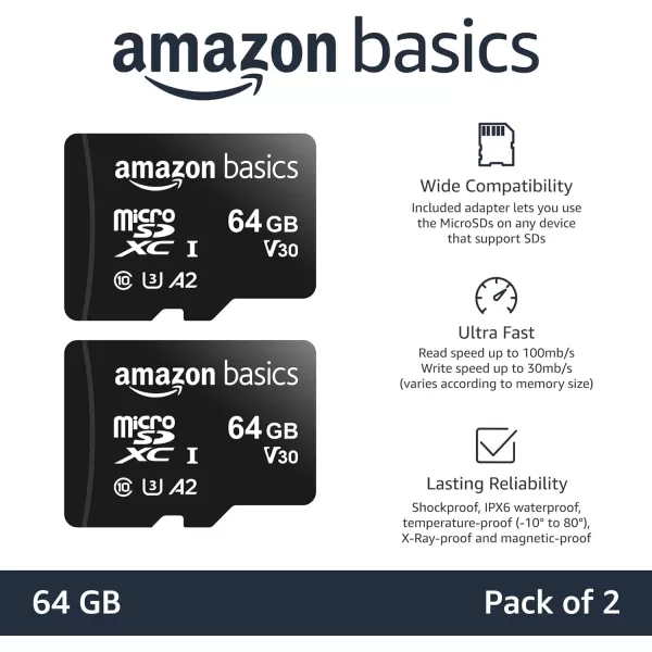 Amazon Basics Micro SDXC Memory Card with Full Size Adapter A2 U3 Read Speed up to 100 MBs 128 GB Black64GB 2pack