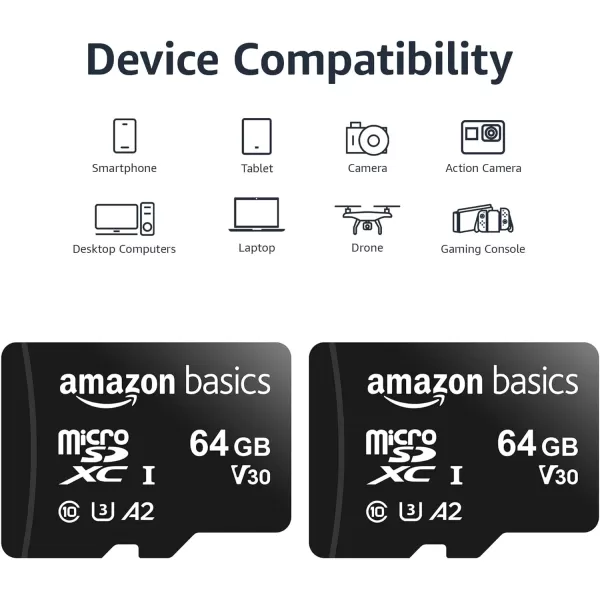 Amazon Basics Micro SDXC Memory Card with Full Size Adapter A2 U3 Read Speed up to 100 MBs 128 GB Black64GB 2pack