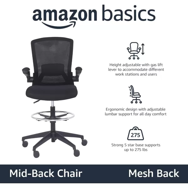 Amazon Basics Midback Mesh Office Drafting Chair Stool with Adjustable Footrest BlackFlip up arms