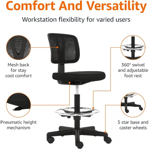 Amazon Basics Midback Mesh Office Drafting Chair Stool with Adjustable Footrest BlackNo Arms