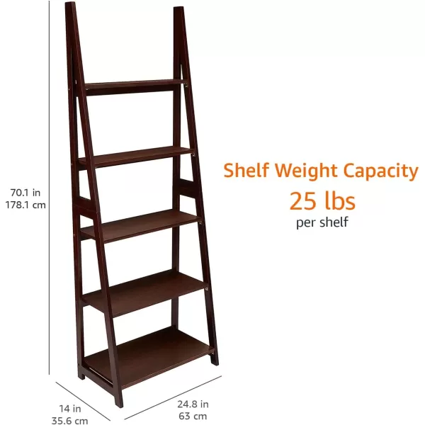 Amazon Basics Modern 5Tier Ladder Bookshelf Organizer Solid Rubberwood Frame Walnut Finish 14 D x 248 W x 701 HEspresso