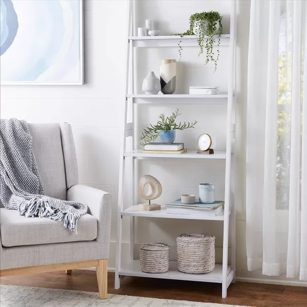Amazon Basics Modern 5Tier Ladder Bookshelf Organizer Solid Rubberwood Frame Walnut Finish 14 D x 248 W x 701 HWhite