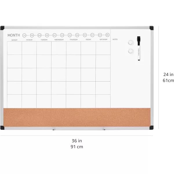 Amazon Basics Monthly Calendar Whiteboard Dry Erase and Cork Board Silver Aluminium Frame 24 x 36 Inches WhiteAmazon Basics Monthly Calendar Whiteboard Dry Erase and Cork Board Silver Aluminium Frame 24 x 36 Inches White