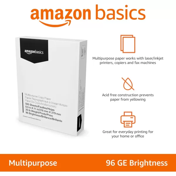 Amazon Basics Multipurpose Copy Printer Paper 20 Pound White 96 Brightness 85 x 11 Inch 1 Ream  500 Sheets Total1 Ream  500 Sheets